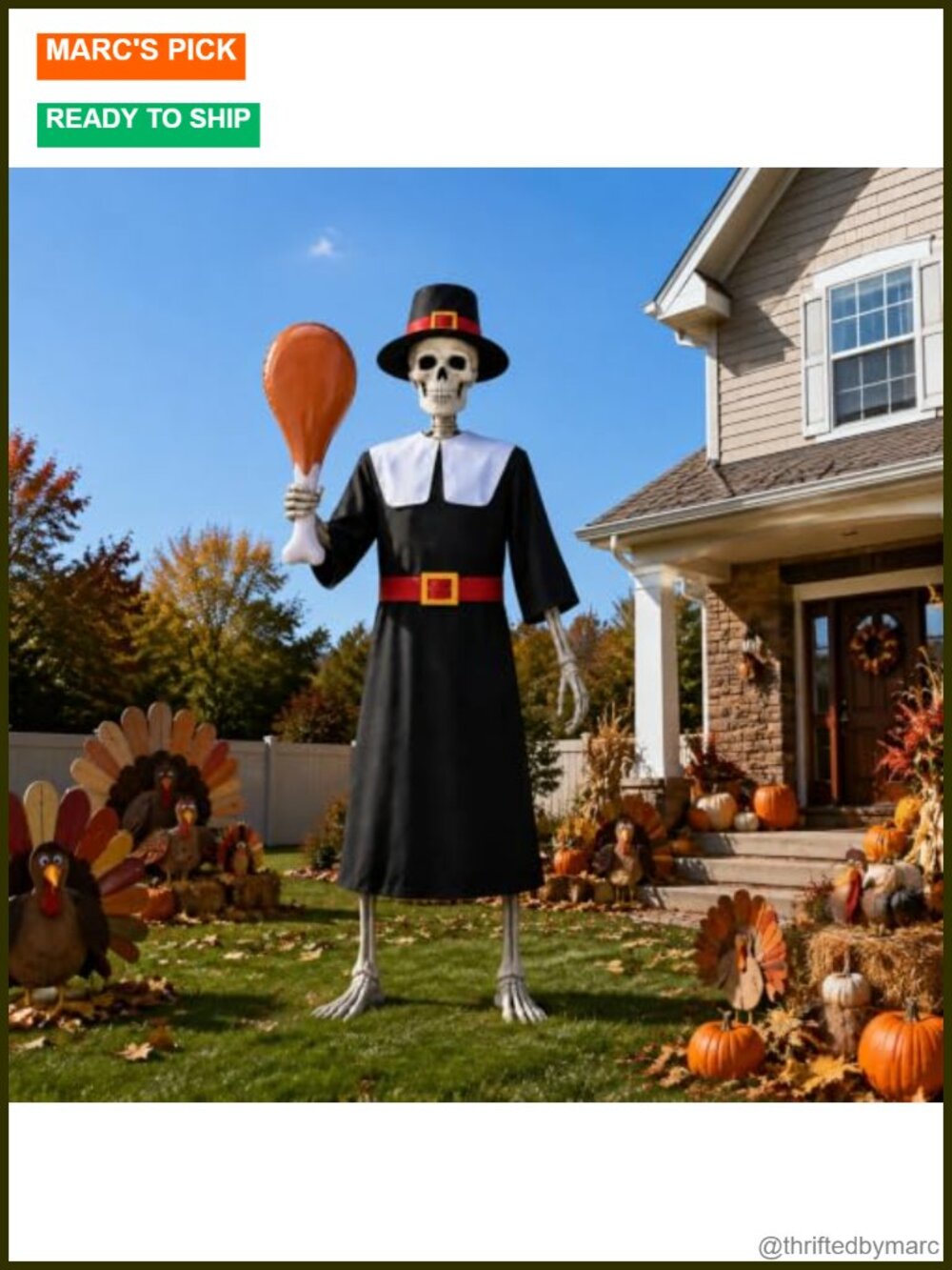 12Ft Skeleton Thanksgiving Pilgrim Outfit 3Pc Hat Turkey Leg Yard Decor
